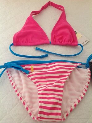 Bikini de natación Ralph Lauren para niñas azul aguamarina/rosa liso/rayas amarillo logotipo talla 16 nuevo con etiquetas Foto 1 de 4