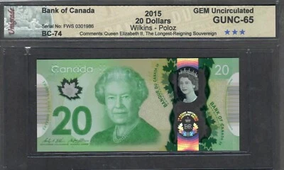 Canadá 2015 raro $20. Holograma Wilkins-Poloz Joven Reina II certificado Gem-UNC 65 Foto 1 de 4