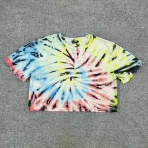 Volcom Shirt Women XS White Blue Embroidered Logo Crop Top Tie Dye Short Sleeve - Picture 1 of 13