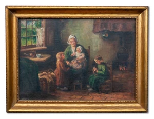 Original Antique Oil Painting Interior Scene Mother Children Signed "Williams" - Picture 1 of 13
