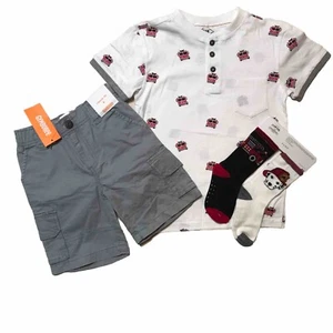 Gymboree ROK Boy size 4 Fire Engine Henley Top Shorts Sox Red Grey White New 3pc - Picture 1 of 10