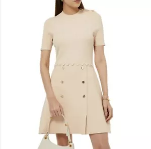 NEW Sandro Alyssa Ribbed Top Knit Dressin Beige Size 34 Short Sleeve A Line - Picture 1 of 14