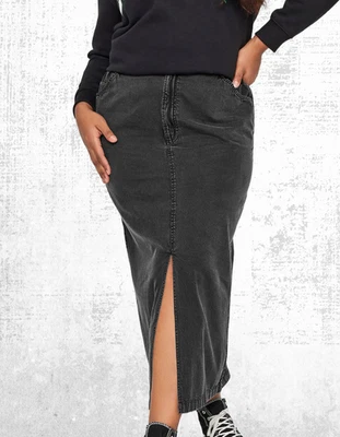 Ex Women’s Plus Size Curve Acid Wash Midaxi Denim Skirt in Black (A Bit Defect) - Image 1 of 4
