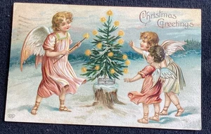 HERMOSA IMAGEN Postal de Navidad en Relieve Ángeles Árbol de Luz Alemania De Colección EAS - Imagen 1 de 3