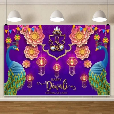 Happy Diwali Backdrop Burning Peacock Photo Deepavali Background Party Supplies - Image 1 of 4