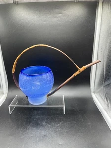 Hand Blown Amici Blue Seed Glass & Copper Watering Can, Raffia Wrapped Handle - Picture 1 of 15