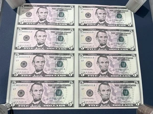 BEP Uncut Sheet Of 8 2009 $5 Five Dollar Federal Reserve Notes (EF) - Picture 1 of 6