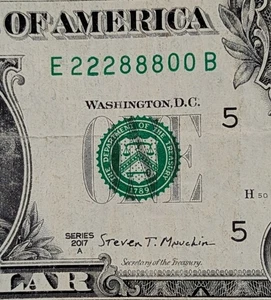 2017 A $1 bill fancy serial, attractive trinary, E 22288800 B - Picture 1 of 3