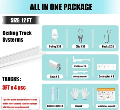 Pista de cortina de techo, divisor de habitación de montaje en pared de techo varillas de aluminio Foto 1 de 4