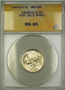 1945-D/D RPM-2 DDO DIE 5 Wartime Silver Jefferson Nickel 5c Coin ANACS MS-65 (E) - Picture 1 of 2