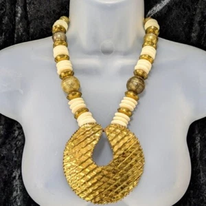 Vintage Ethnic Hammered Brass Disc Beaded Necklace Tribal Bib Statement Couture - Picture 1 of 6