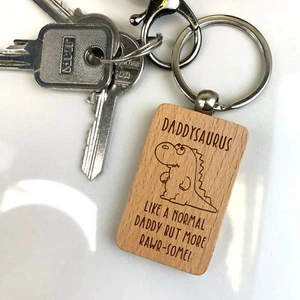 Daddysaurus Dinosaur Wood Keyring Chain Cute Fathers Day Gift for Dad, Daddy - Picture 1 of 20