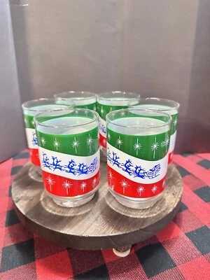 6 Gafas Libbey MCM Retro Up and Away Atomic Starburst Santa Christmas Glass Foto 1 de 3