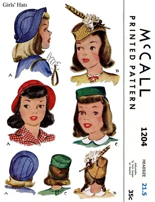 McCall #1204 Fabric Sewing PATTERN Millinery Hats BABY Toddler 1940's Girl Child - Image 1 of 3