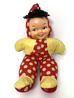 De colección Años 50 18" Plástico Cara Relleno Paño Bebé Muñeca Lunares Hilo Pelo Kitsch Foto 1 de 4