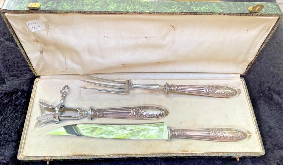 Antique French Silver Carving Set (Fork, Knife & Gigot Holder) Original Box - Image 1 of 4