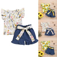 Toddler Baby Girls Ruffle Fly Sleeve Sunflower Print Tops+Denim Shorts Outfits