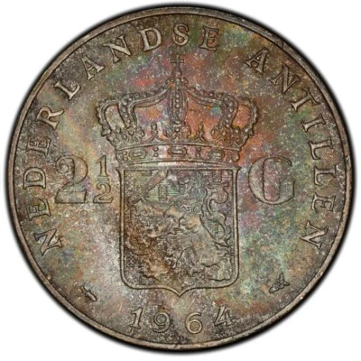 MS65 1964 Netherlands Silver 2-1/2 Gulden, PCGS Trueview- Rainbow Toned - Image 1 of 4