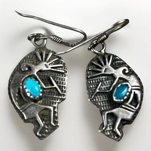 Native American Kokopelli Turquoise 925 Silver Dangle Earrings Stamped- Sterling - Picture 1 of 9