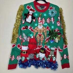 Ugly Christmas Sweater Muscle Santa LIGHTS UP Lametta Xmas Party Winner Medium - Bild 1 von 5