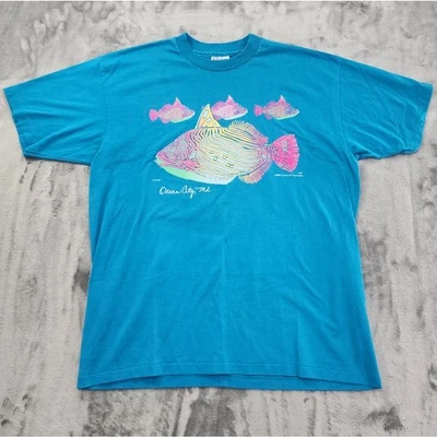 Camiseta Gráfica Hanes Neon Fish Puff Años 90 De Colección Talla XL Azul Ocean City Maryland Foto 1 de 4