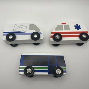 City Vehicles Wooden Primary Toy Set - Mail Truck, Ambulance, Bus - Picture 1 of 4