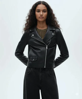 Chaqueta informal de piel de cordero elegante negra genuina para mujer de cuero hecha a mano motocicleta Foto 1 de 4