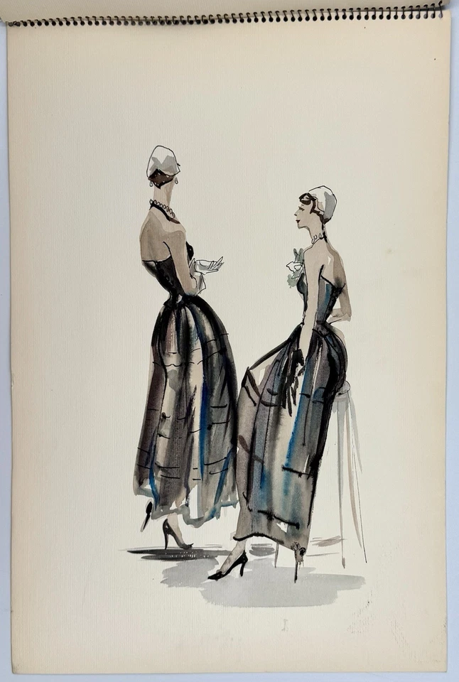 Original Rare Vintage Fashion Illustration Vogue Early 1950's Ink Paper OOAK - Image 1 of 1