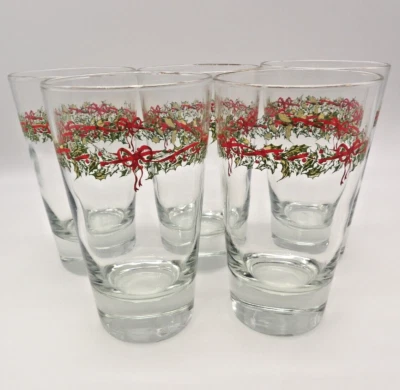 Juego de 5 vasos de vidrio Libbey Christmas Muérdago Guirnalda arco rojo base pesada Foto 1 de 4