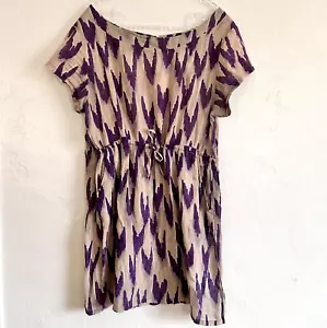 Anthropologie Mermaid Linen Mini Dress Size Large Purple Tan Ikat Abstract Boho - Picture 1 of 9