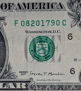2017 $1 bill fancy serial, historic date note August 20, 1790. F 08201790 C USA - Picture 1 of 4