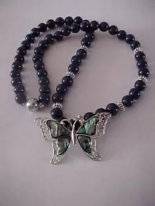 Lapis Lazuli, Abalone Shell Beaded Necklace 20" Butterfly Charm / magnetic - Picture 1 of 9