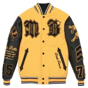 Unisex Black & Yellow Wool and Leather Varsity Jacket – Full-Snap Retro Bomber - Picture 1 of 10