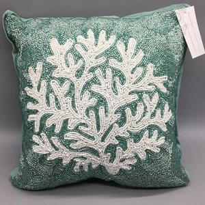 Coastal Collection Turquoise White Coral Beaded Decor Pillow Beach Ocean 14" NEW - Picture 1 of 8
