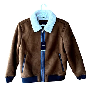 DKNY Faux Shearling Suede Bomber Jacket Mens XL Brown Lined Zip New - Picture 1 of 13