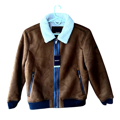 Jaqueta Bombardeiro Masculina DKNY Faux Shearling Camurça Extra Grande Marrom Forrada com Zíper Nova - Imagem 1 de 4