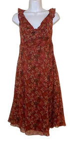 Nine West Fit & Flare Dress 100% Silk Burgundy Leaves Flutter Sleeves 8 - Picture 1 of 11