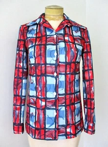 Vtg 60s 70s Mod Red Blue Geometric Melting Grid Poly Knit Button Blouse Top S - Picture 1 of 6