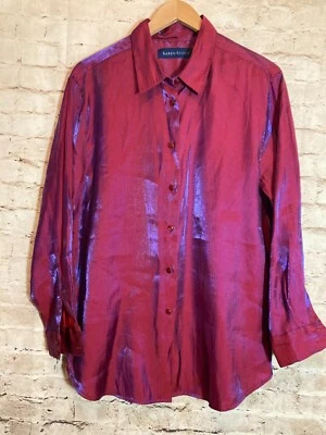 Top Karen Scott para mujer grande rosa magenta púrpura iridiscente satinado abotonado Foto 1 de 4