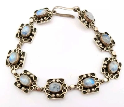 Pulsera Piedra Luna Vintage Cierre Gancho Ornamentado 8 pulgadas Largo Azul Flash Hecho a Mano  Foto 1 de 4