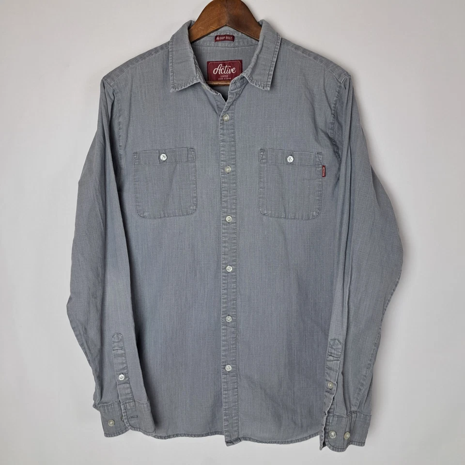 Camisa Active Ride Shop Para Hombre Grande Gris Cambray Botón Delantero L/S 2 Bolsillos Patín Foto 1 de 4