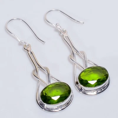 Peridot Gemstone Ethnic Handmade Jewelry 925 Sterling Silver Earrings 2" O534 - Image 1 of 4