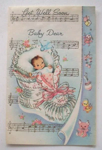 Get Well baby glitter unsigned vintage Greeting Card *WW7 - Picture 1 of 3