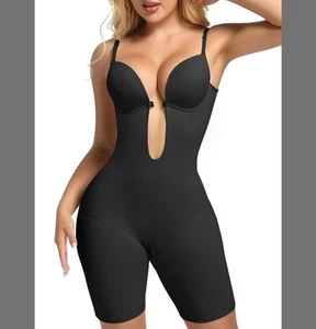 Black Plunge Low Back Bodysuit Shapewear Mid-Thigh Slimming XL - Picture 1 of 3