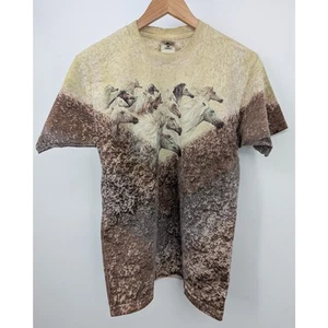 Vintage 90s Arabian Nights Horses Graphic Print Beige & Brown Preshrunk Cotton - Picture 1 of 3