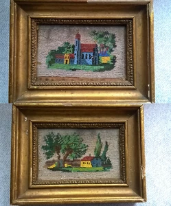 Ancien Paire Tableaux Perles Rocailles Tissées Cadre Bois Doré Art Populaire - Imagen 1 de 11