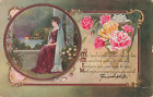 Słodki wiersz przyjaźni, tłoczone różowo żółte róże, pocztówka vintage