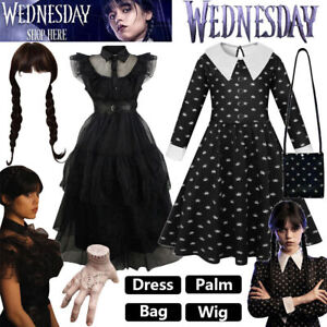 Wednesday The Addams Family Costume Girls Adams Fancy Dress Wig Bag Party Lot DE