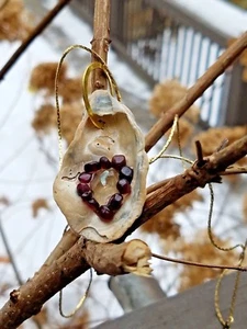 Natural oyster shell pendant with garnet heart, opal and sunstone OOAK!!! - Picture 1 of 3