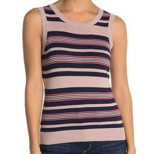 Halogen Top Women Large Petite Stripe Crew Neck Knit Tank Pink Navy NWT - Picture 1 of 7
